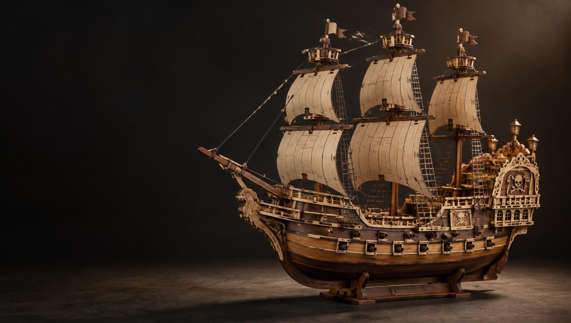Finished wooden pirate ship model